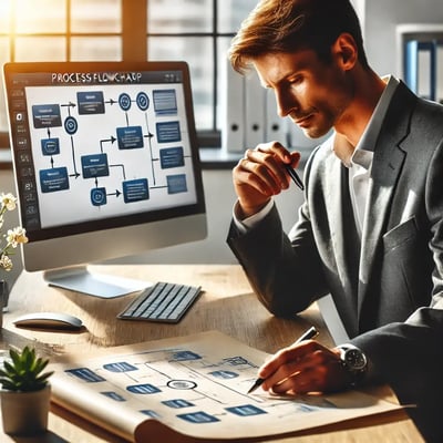 DALL·E 2024-12-24 12.30.47 - A professional image of a man sitting at a desk in a bright office environment, analyzing a printed process flowchart while looking at a computer scre